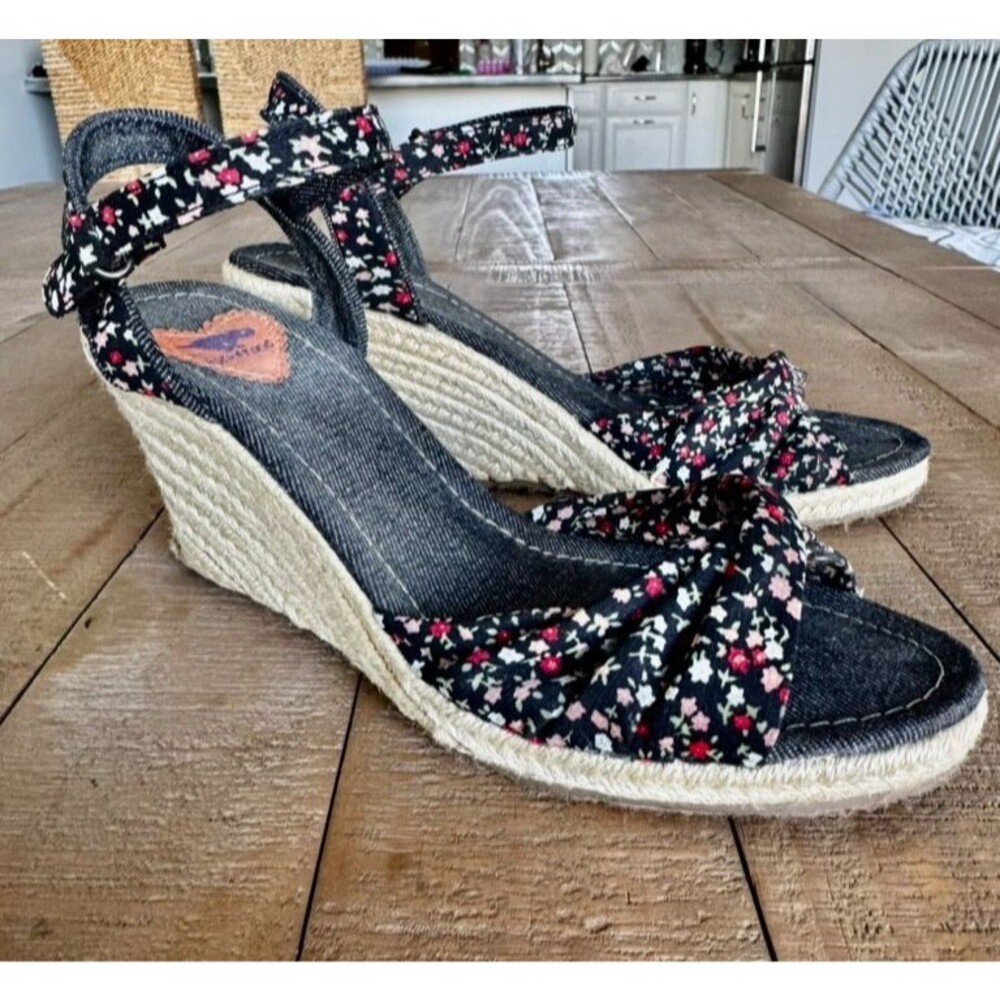 Y2K Rocket Dog Black Floral Espadrille Wedge Sandal 8